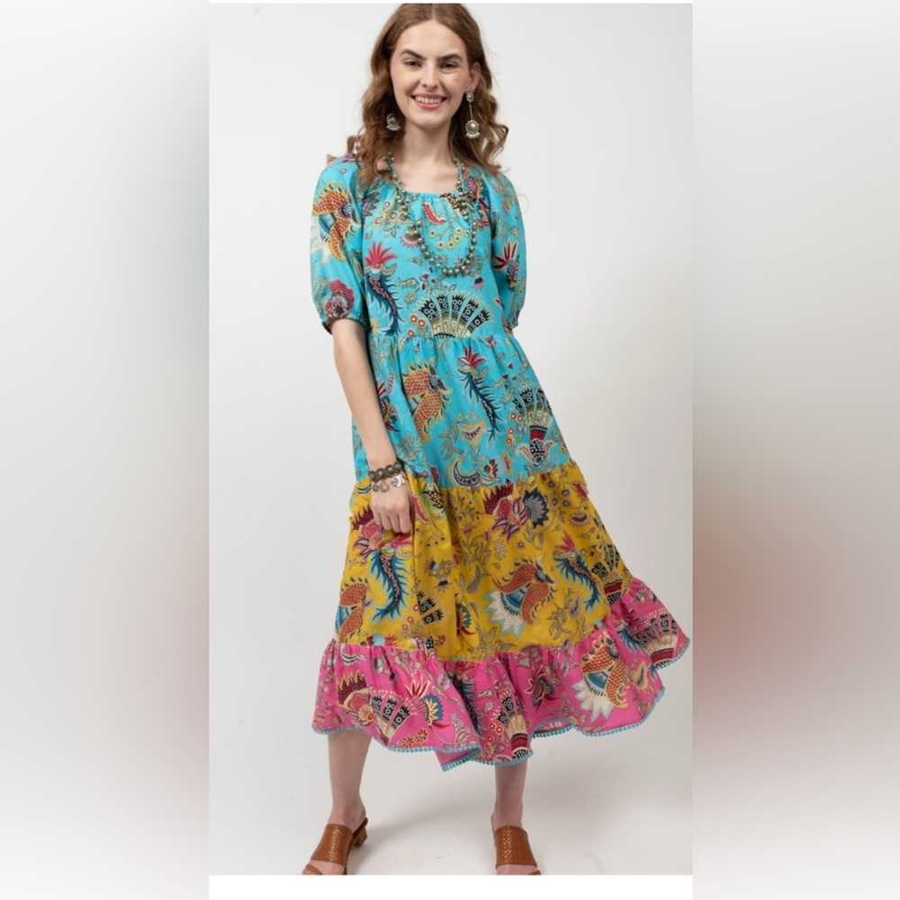 Uncle Frank Hot Tropics Dress-Blue and Yellow Ruffled Tiered Sundress